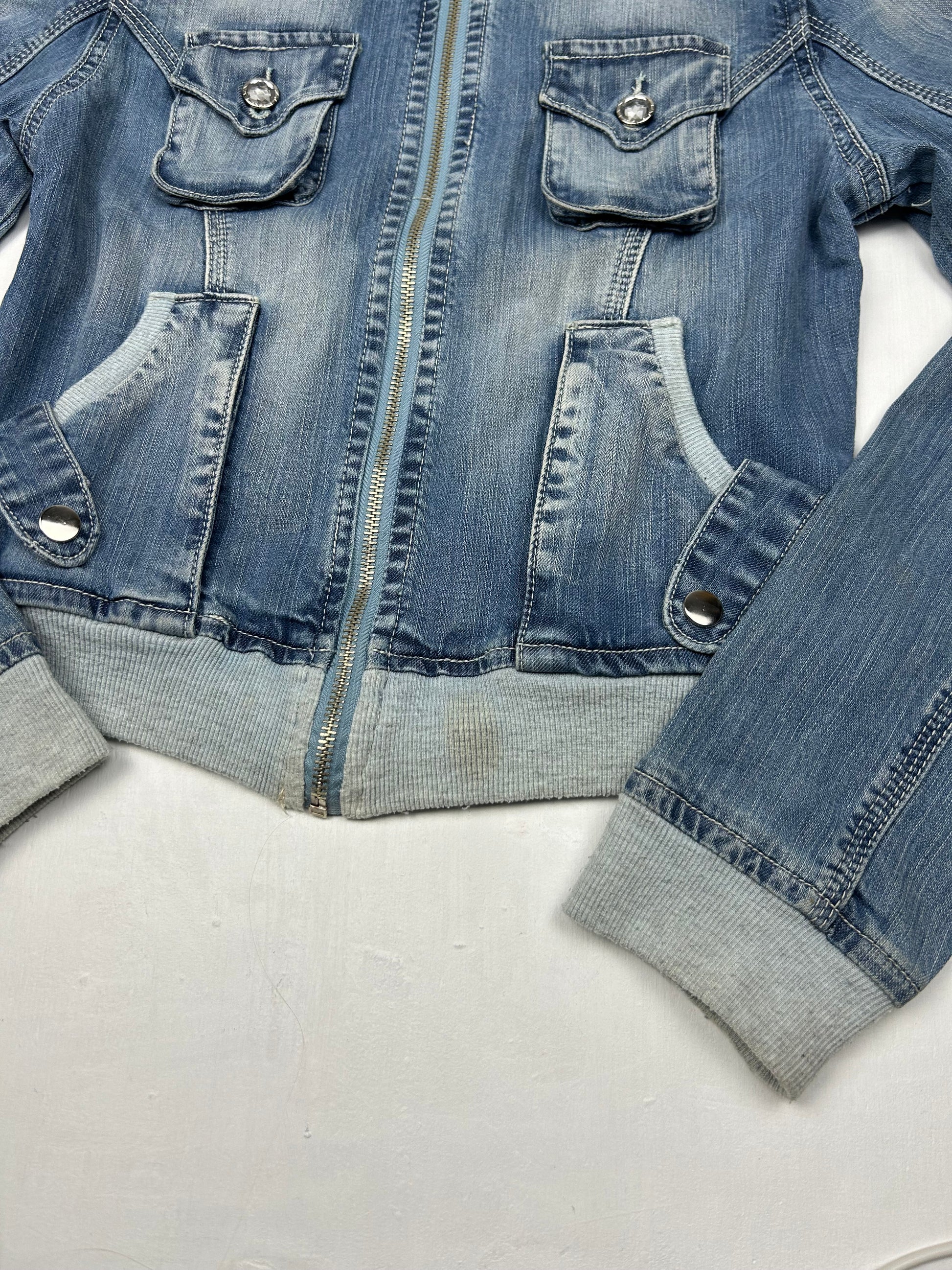 Blue denim zip up biker jacket (S)