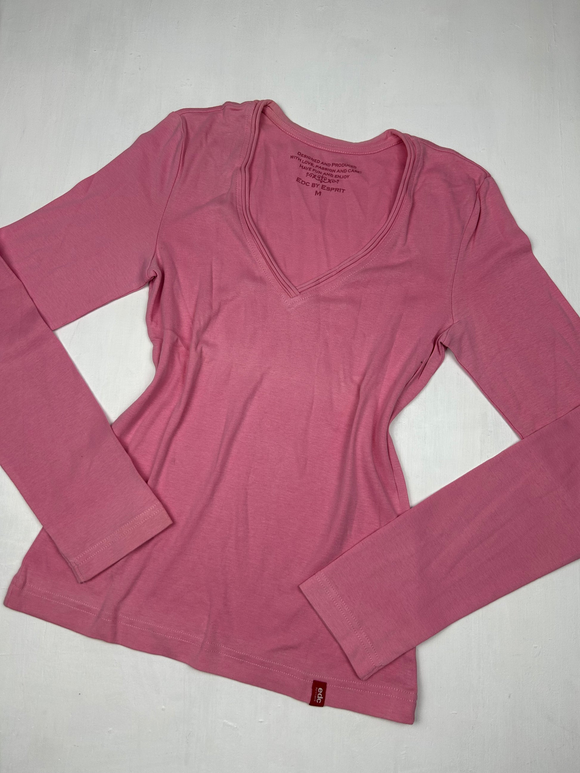 Pink cotton V neck long sleeves top (M)