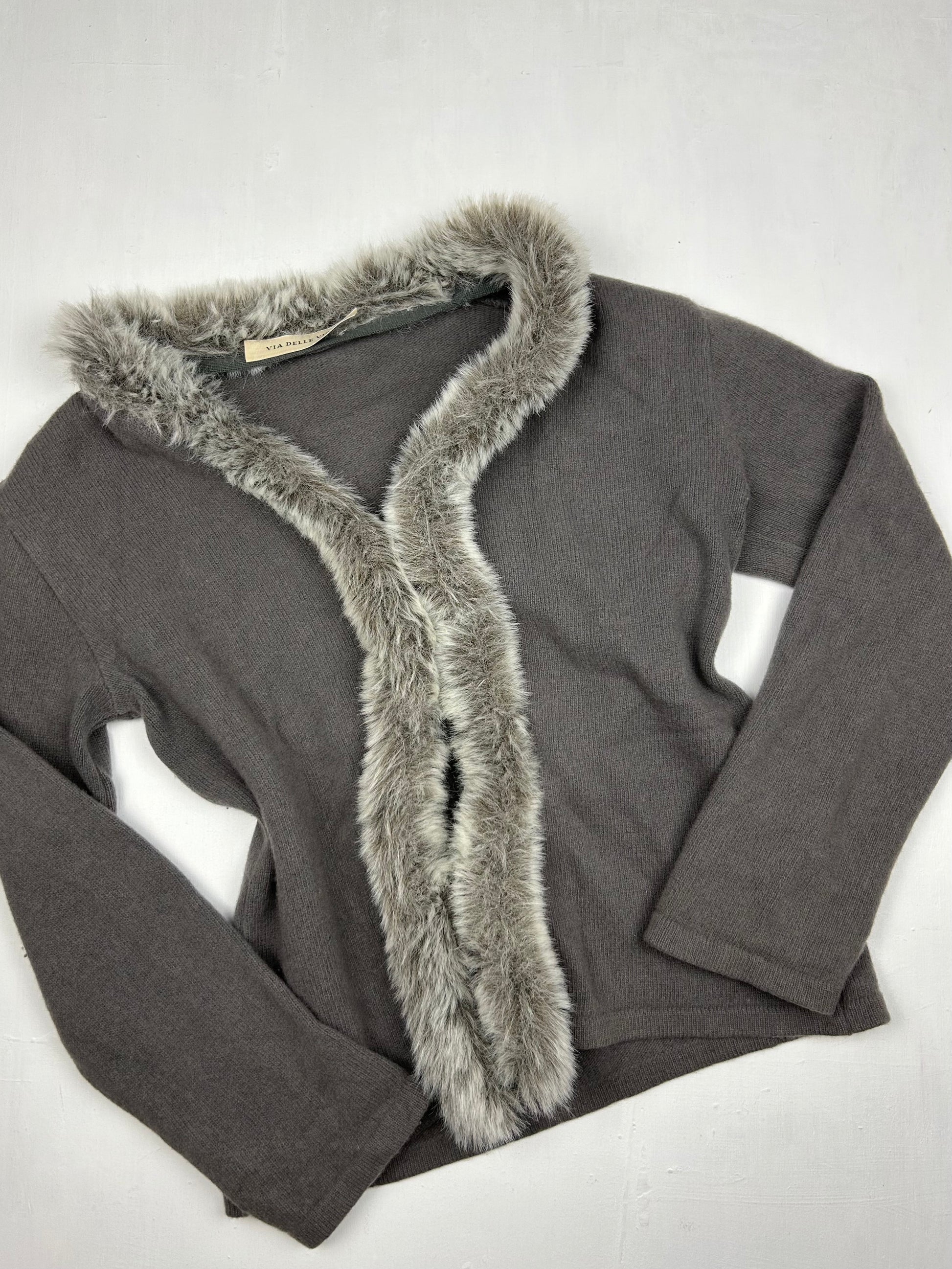 Grey faux fur & wool cardigan jumper (L)