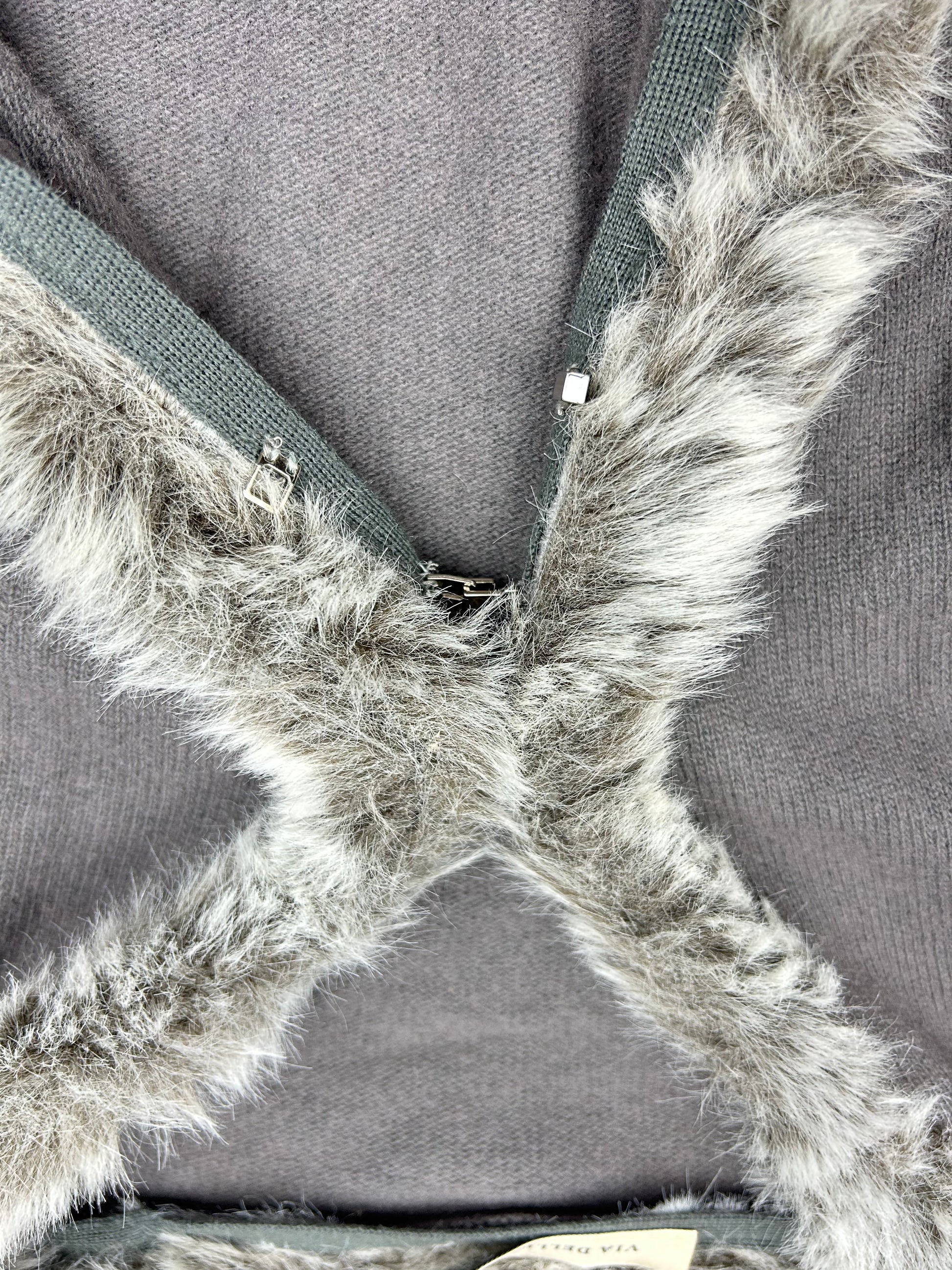 Grey faux fur & wool cardigan jumper (L)