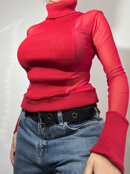 Red turtleneck mesh jumper (S/M)