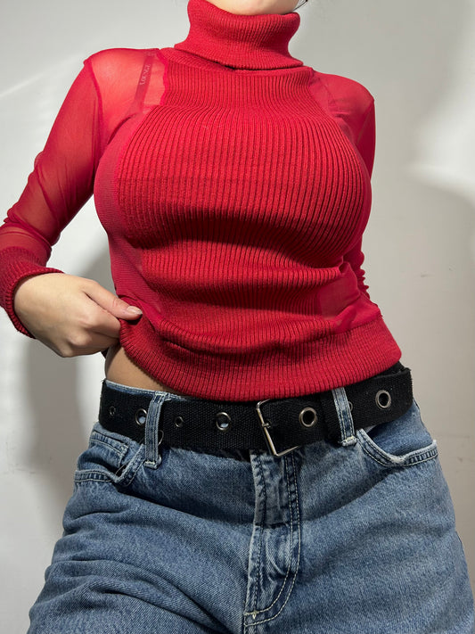 Red turtleneck mesh jumper (S/M)