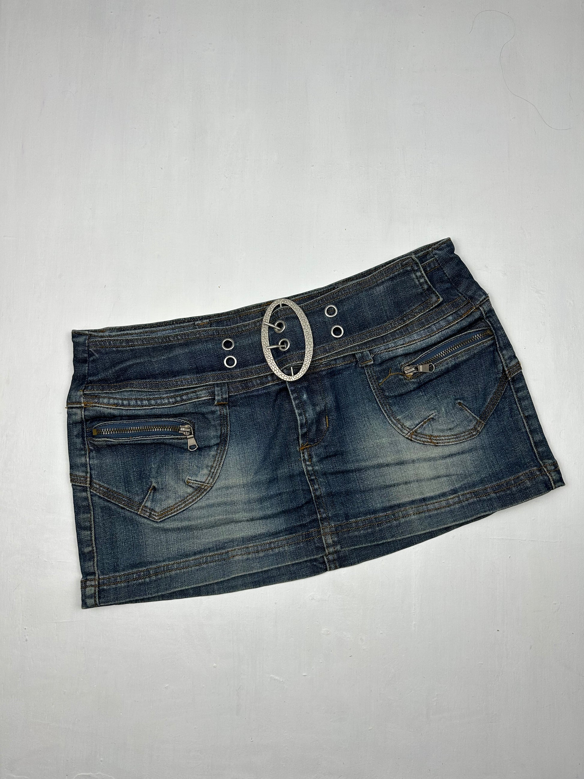 Blue denim low rise mini skirt with belt (S)