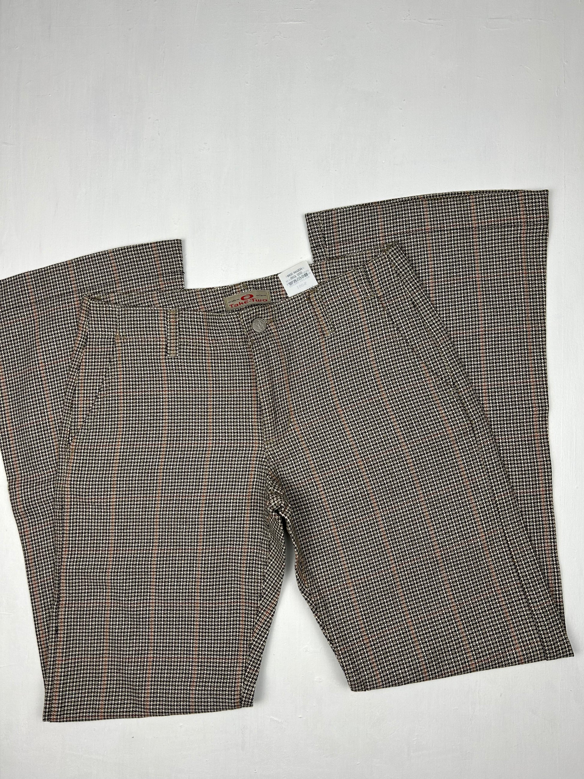 Brown low waist flare bootcut check print office pants (M)