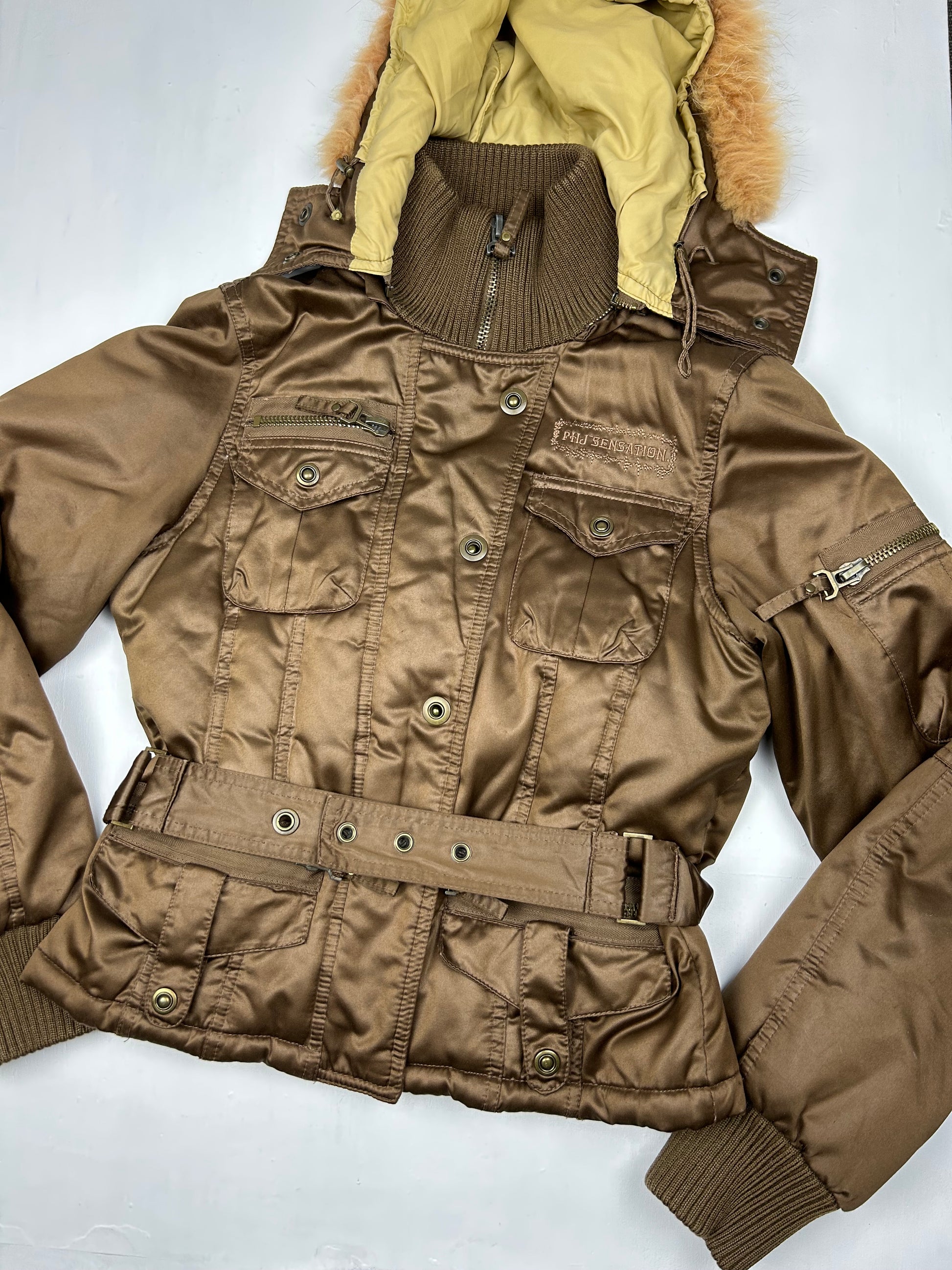 Brown duck down winter puffer jacket with belt (S)