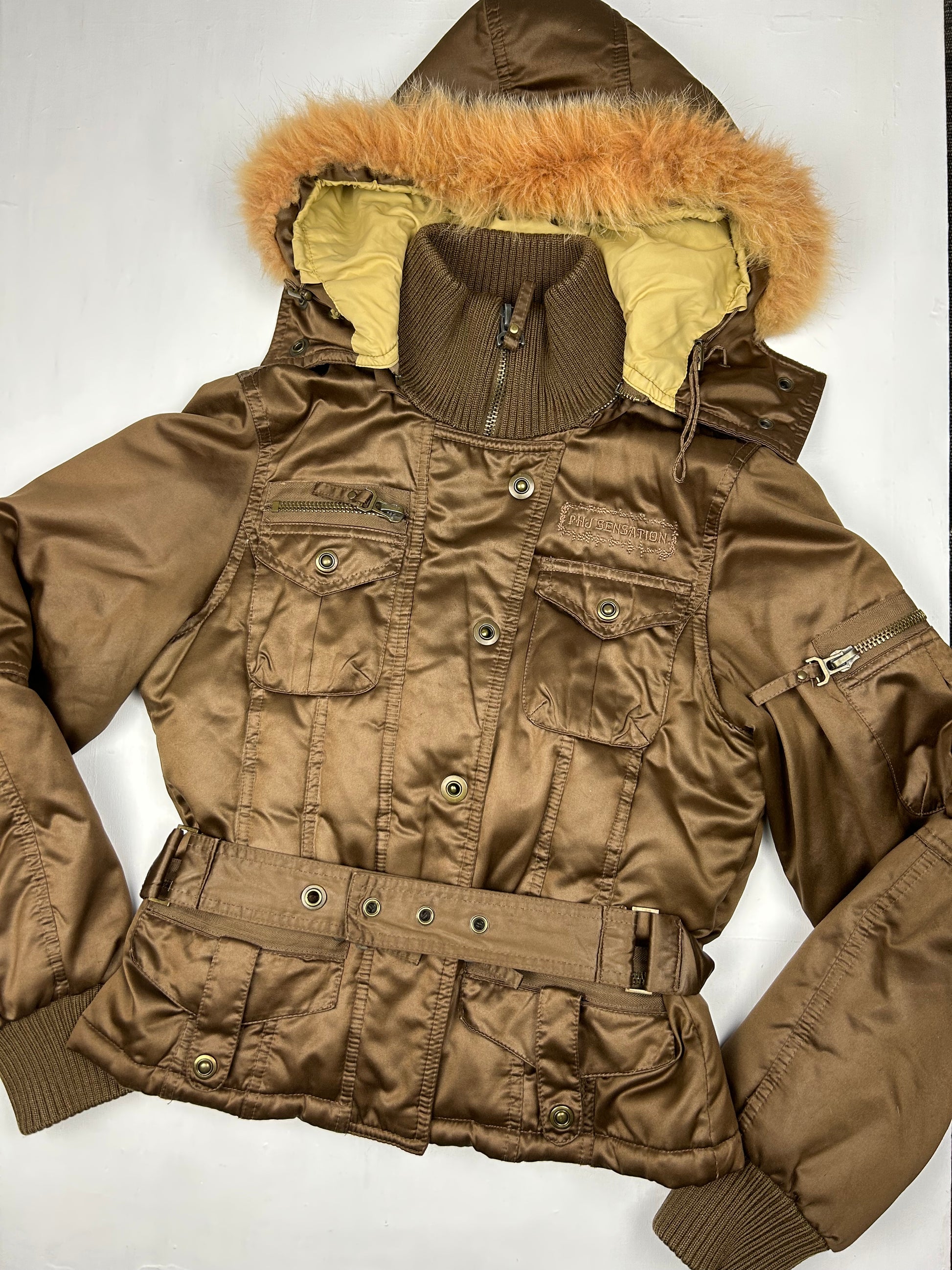 Brown duck down winter puffer jacket with belt (S)