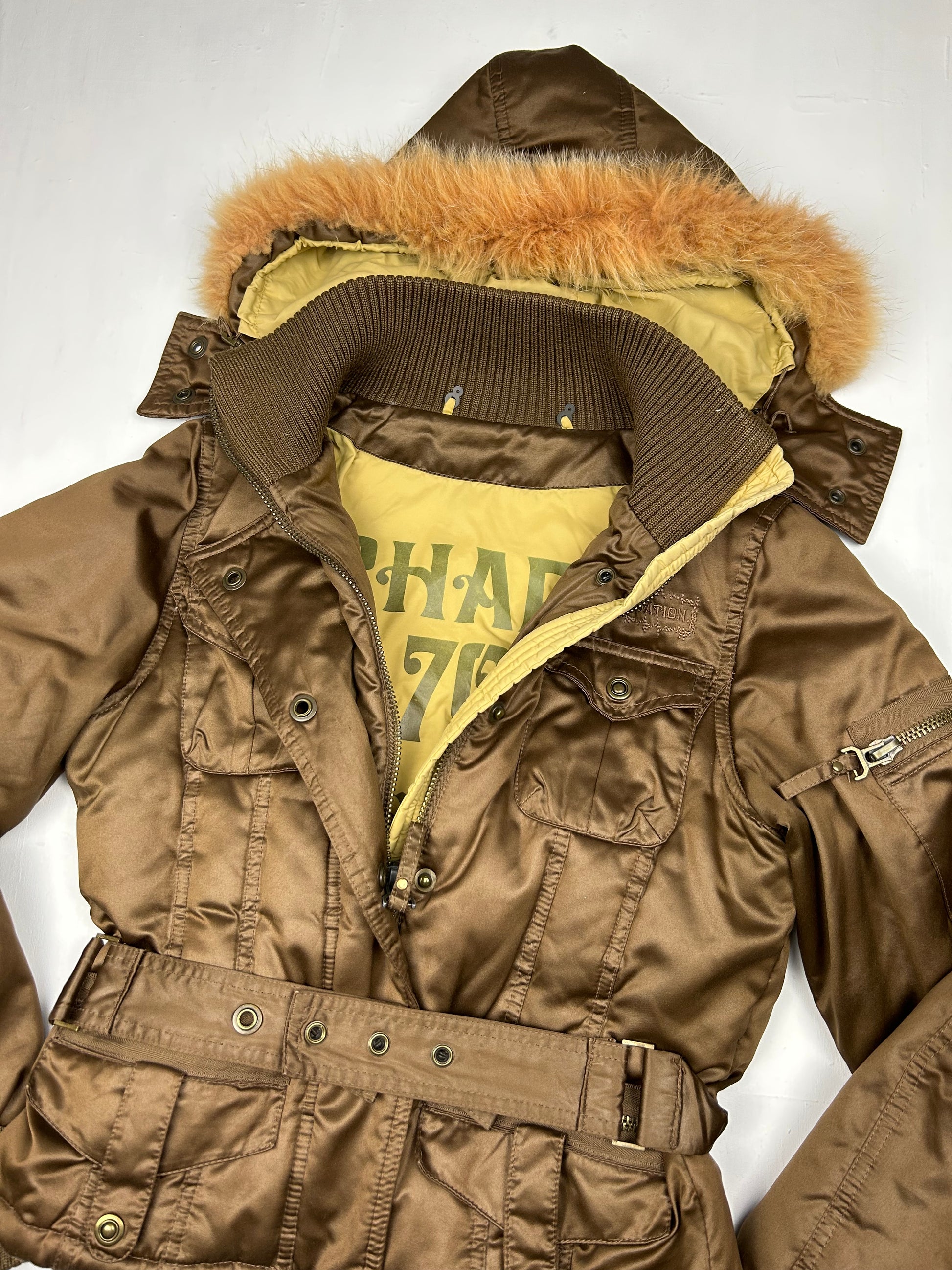 Brown duck down winter puffer jacket with belt (S)