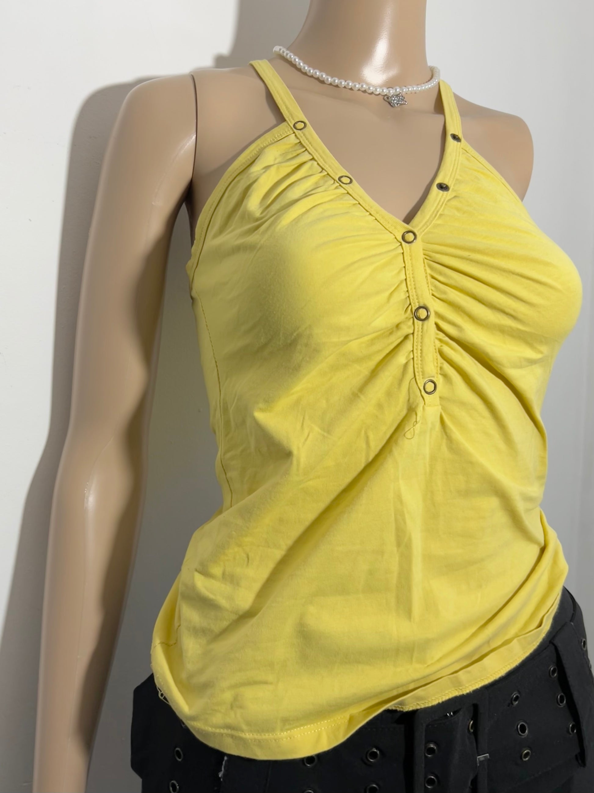 Yellow ruched buttons up cami top (S)