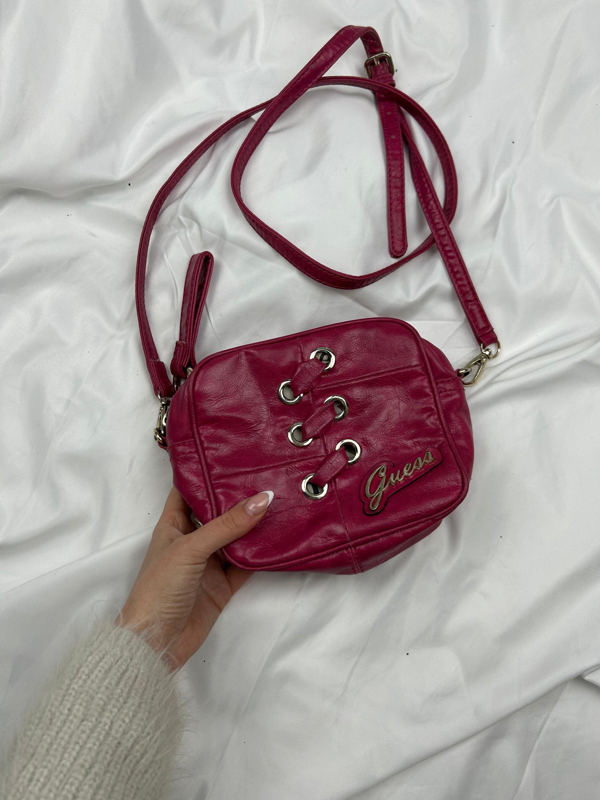 Red lace up crossbody mini bag