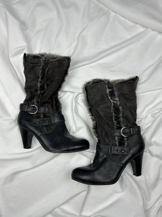 Black faux fur mid boots shoes (39)