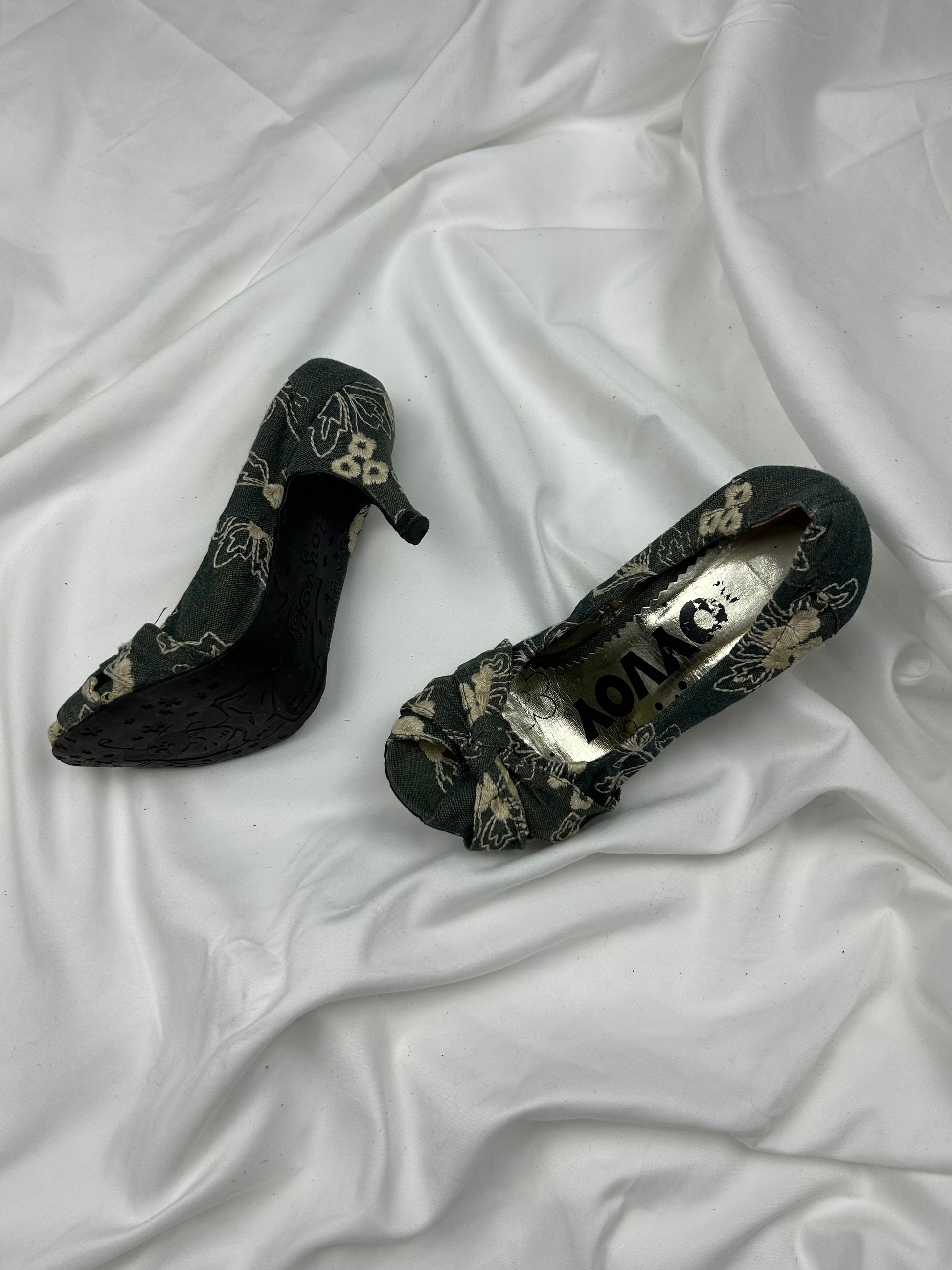 Navy denim  open toes kitten heels shoes (36)