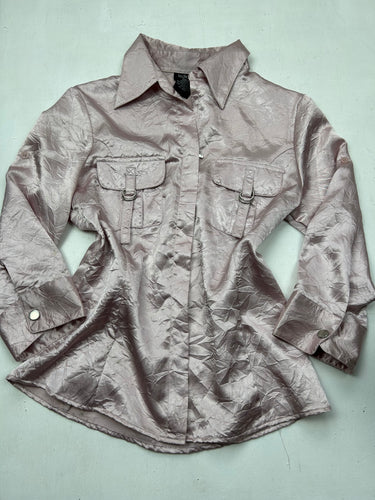 Pink satin effect zip up  long sleeves shirt (S)