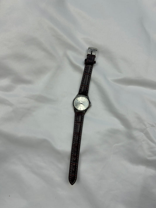 Vintage stainless steel silver & leather jewelry watch