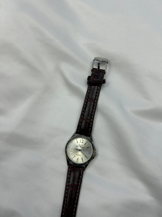 Vintage stainless steel silver & leather jewelry watch