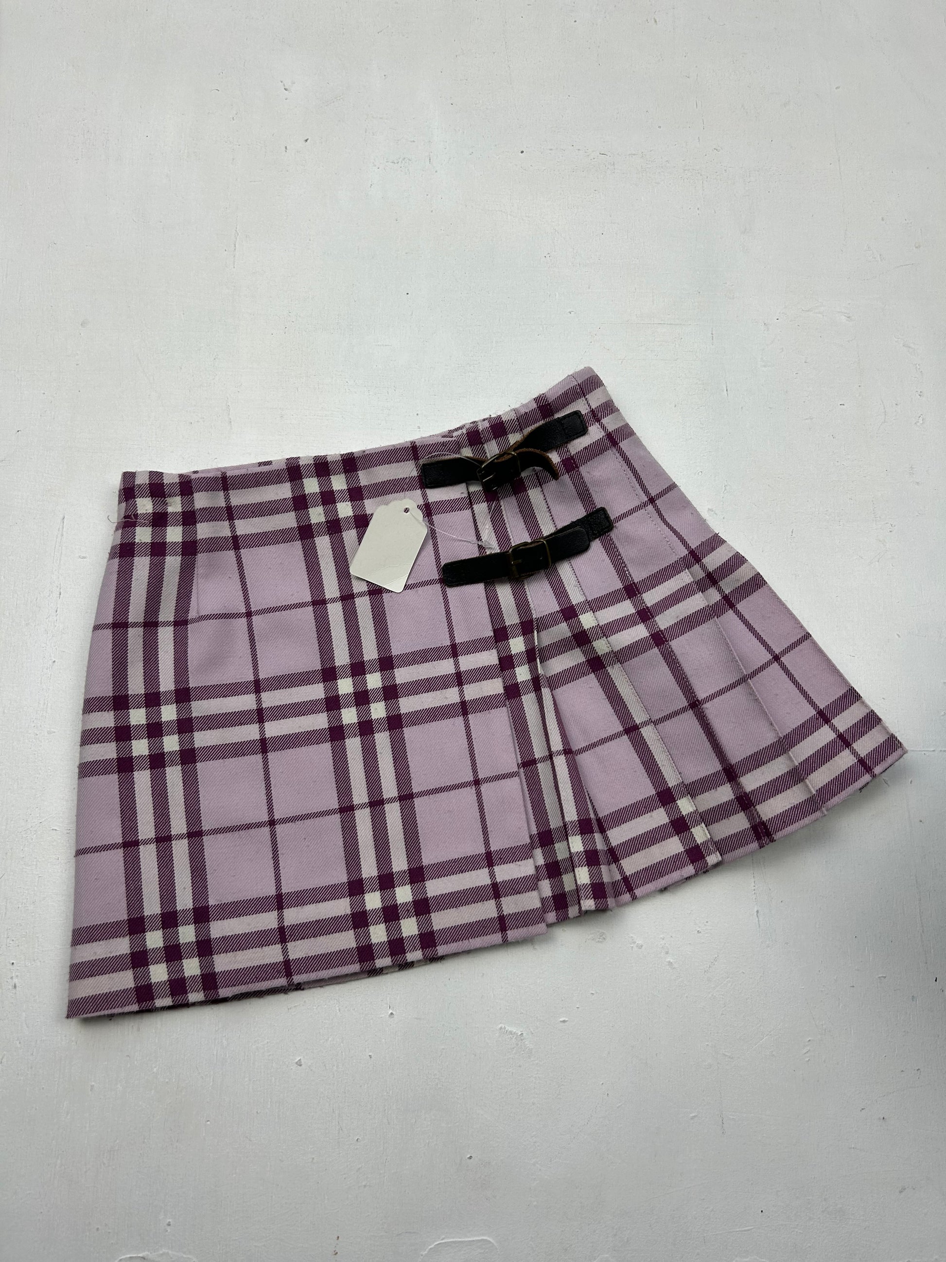 Pink lilac check print low rise pleated mini skirt (XXS)