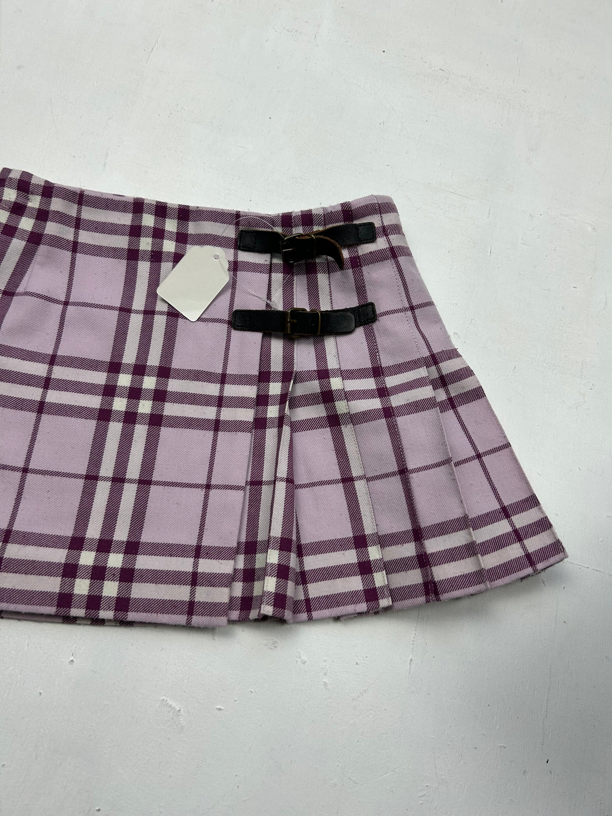 Pink lilac check print low rise pleated mini skirt (XXS)