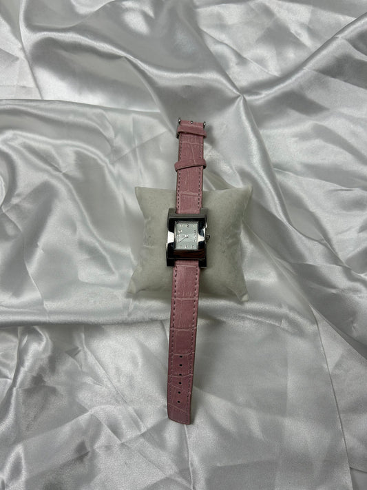 Vintage stainless steel & pink leather bracelet watch jewelry