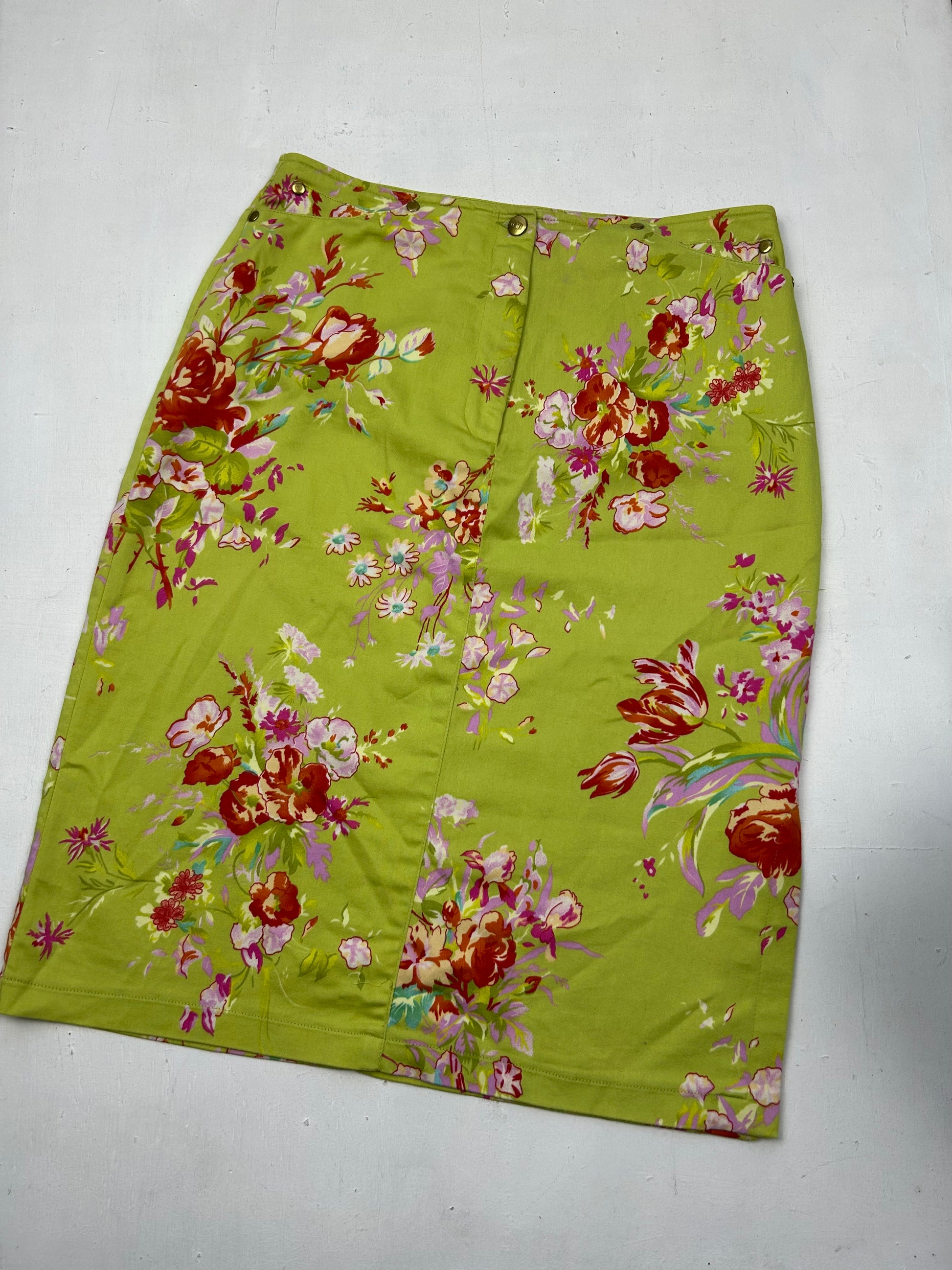 Green floral print low rise mid skirt (S)