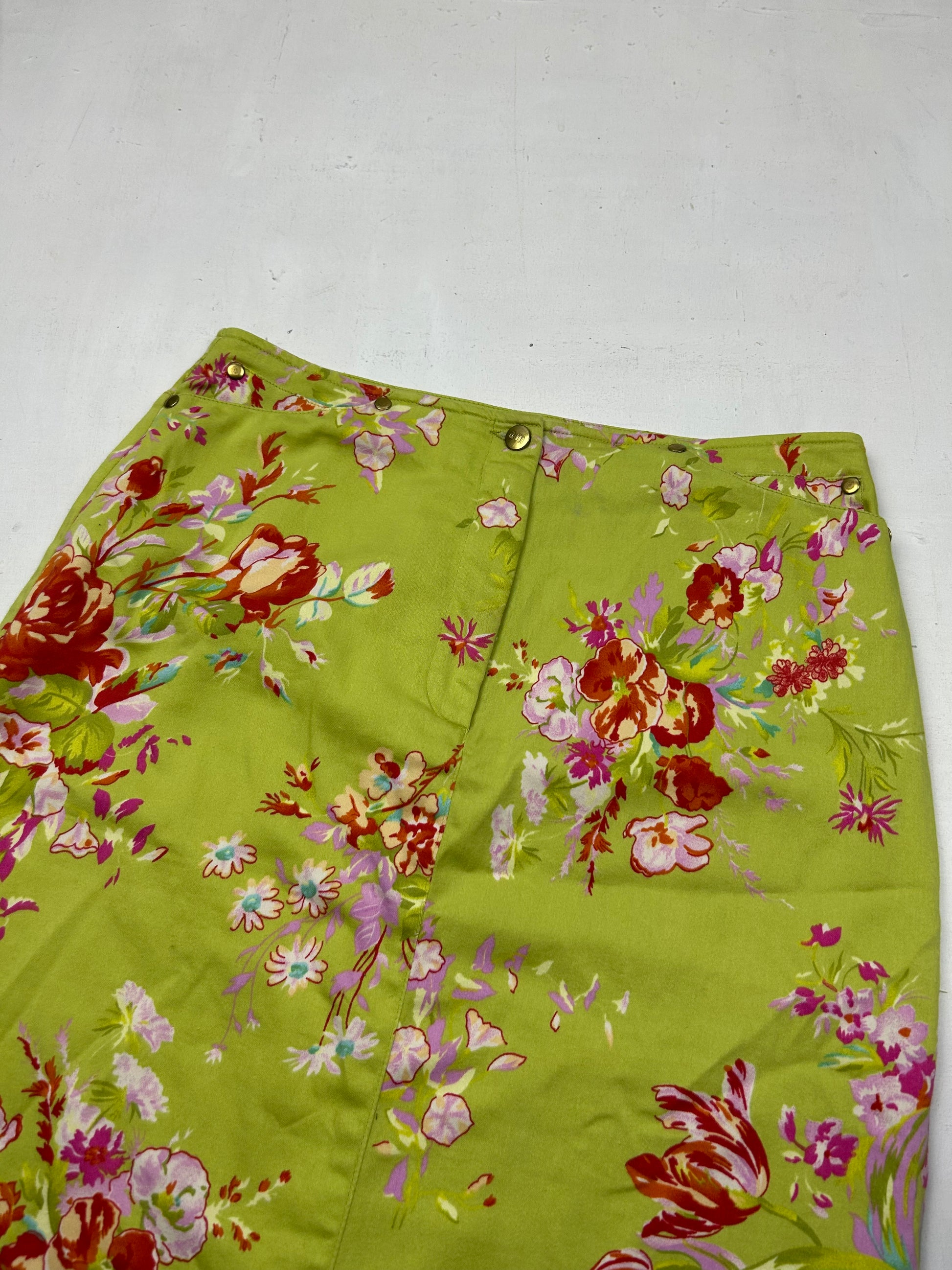 Green floral print low rise mid skirt (S)