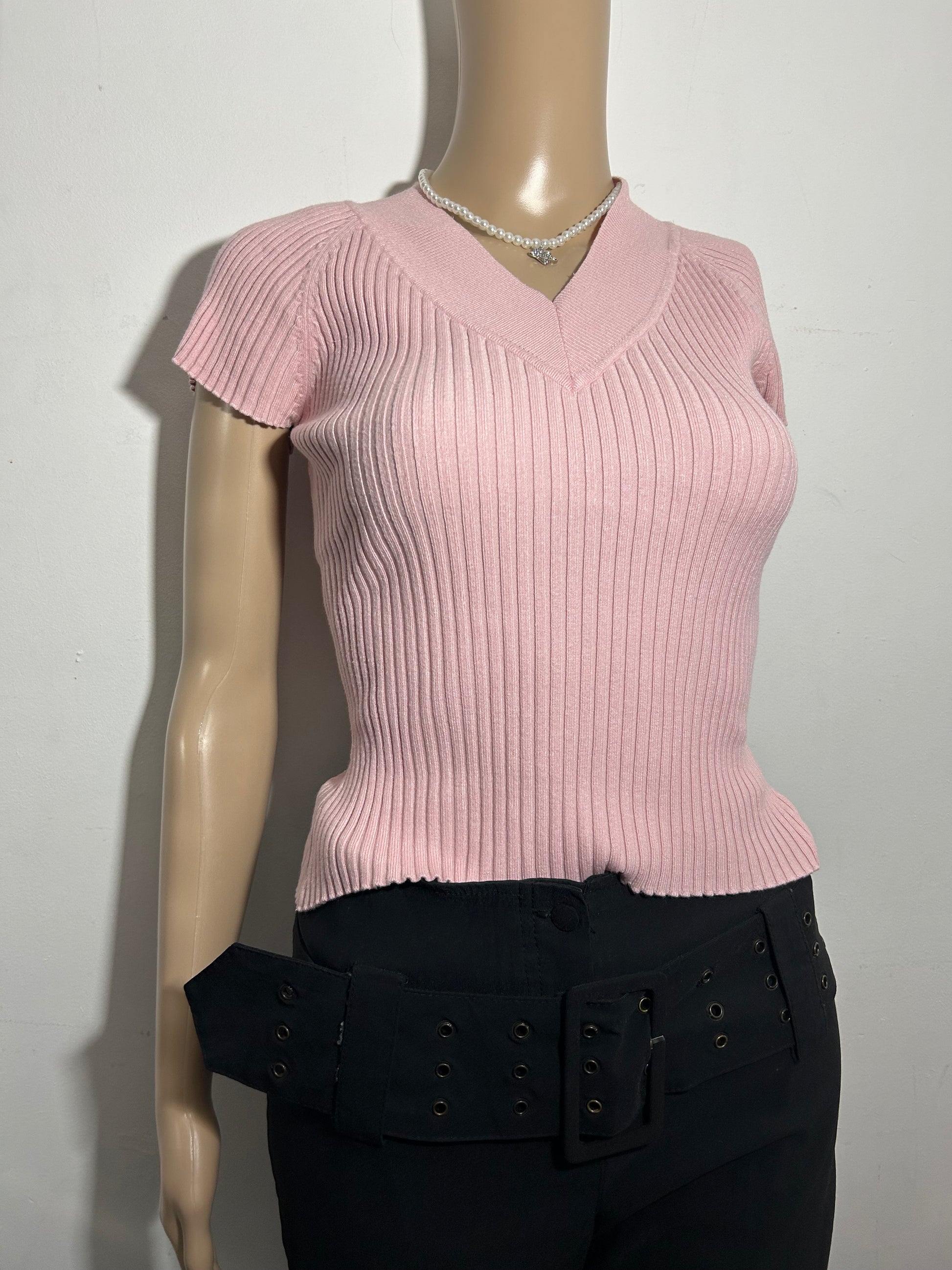 Baby pink stretchy ribbed y2k knitted  tee (S/M)