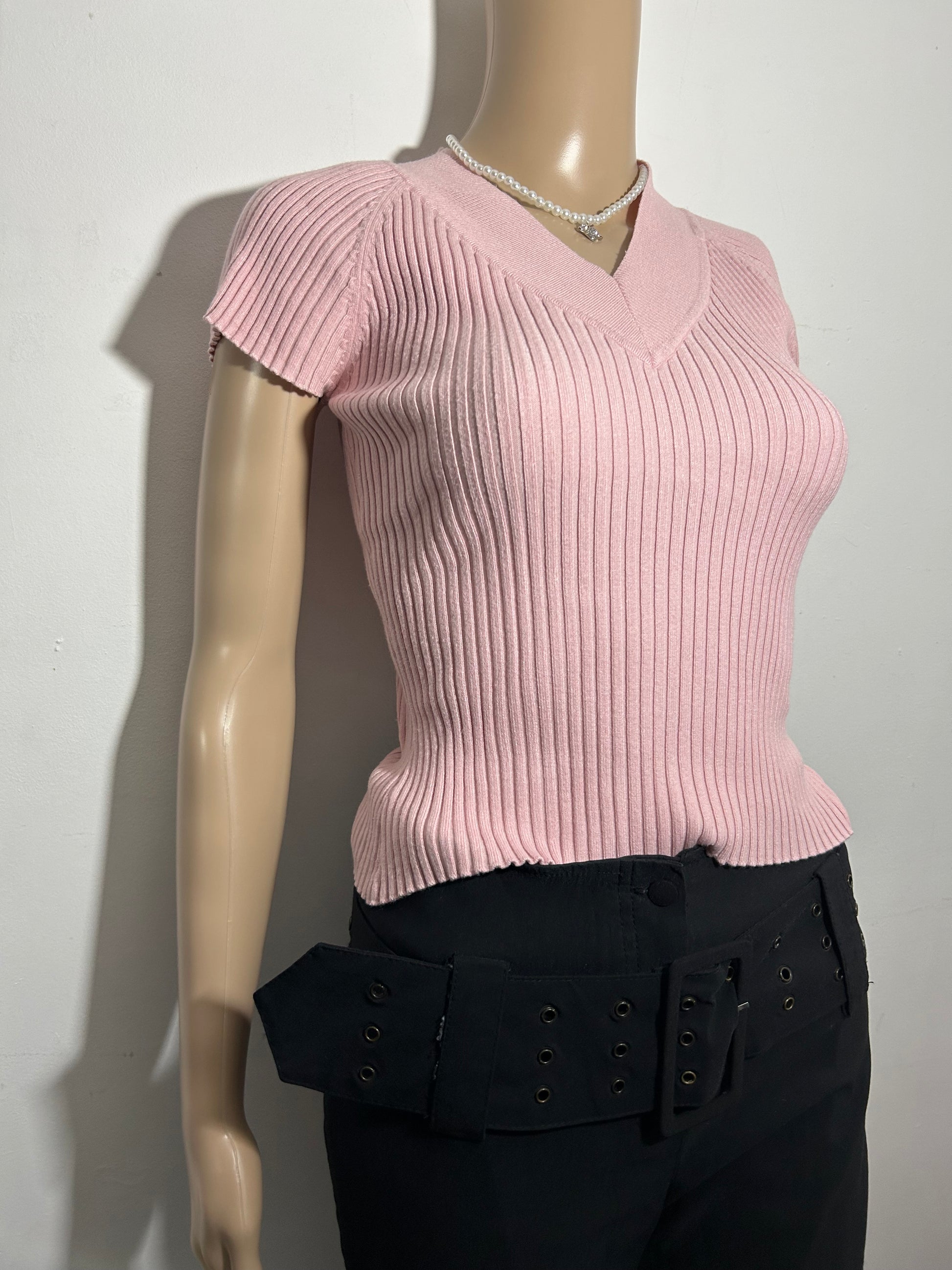 Baby pink stretchy ribbed y2k knitted  tee (S/M)