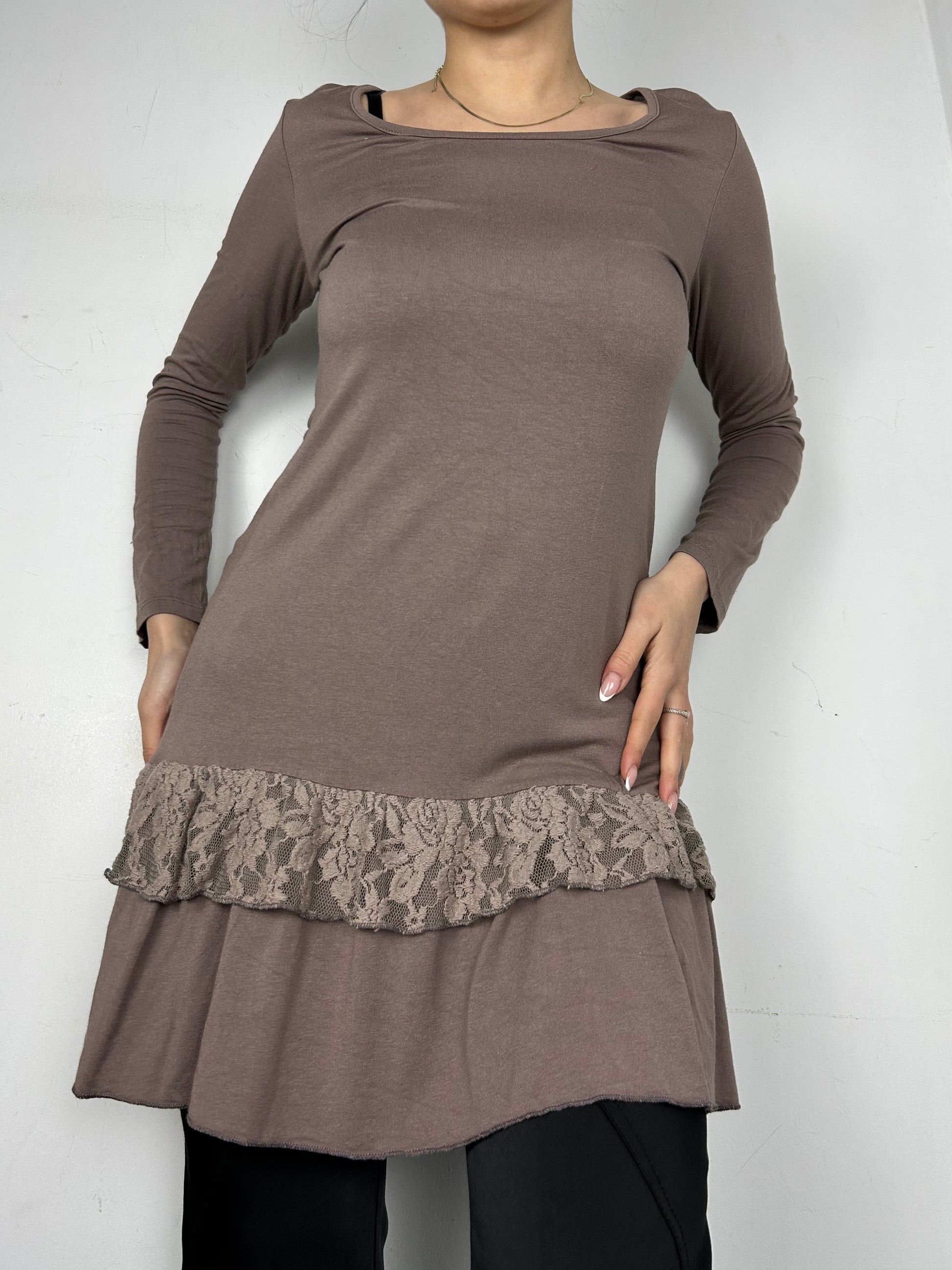 Brown long sleeves stretchy mini dress (S)