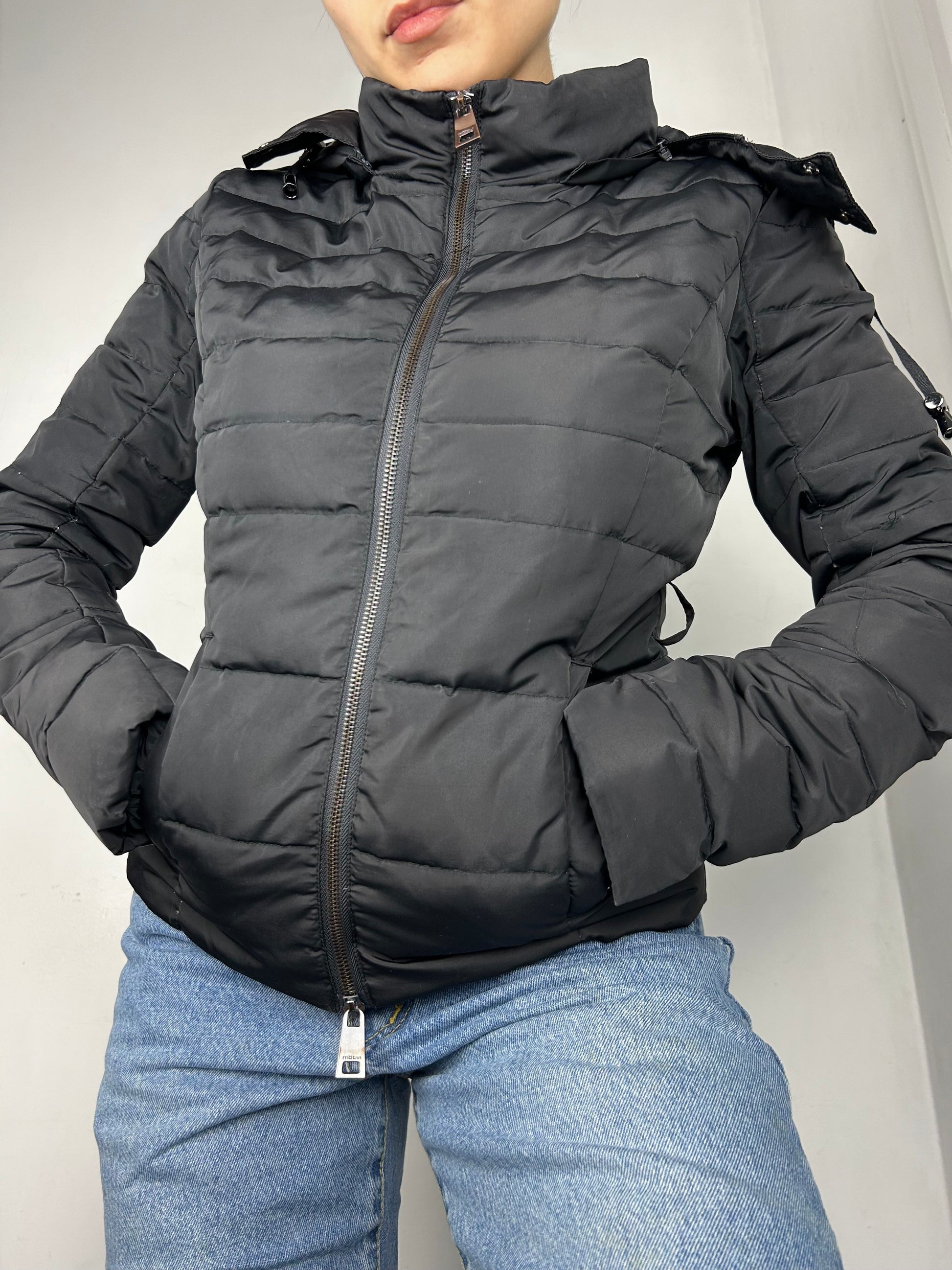 Black duck down zip up winter biker jacket (S)