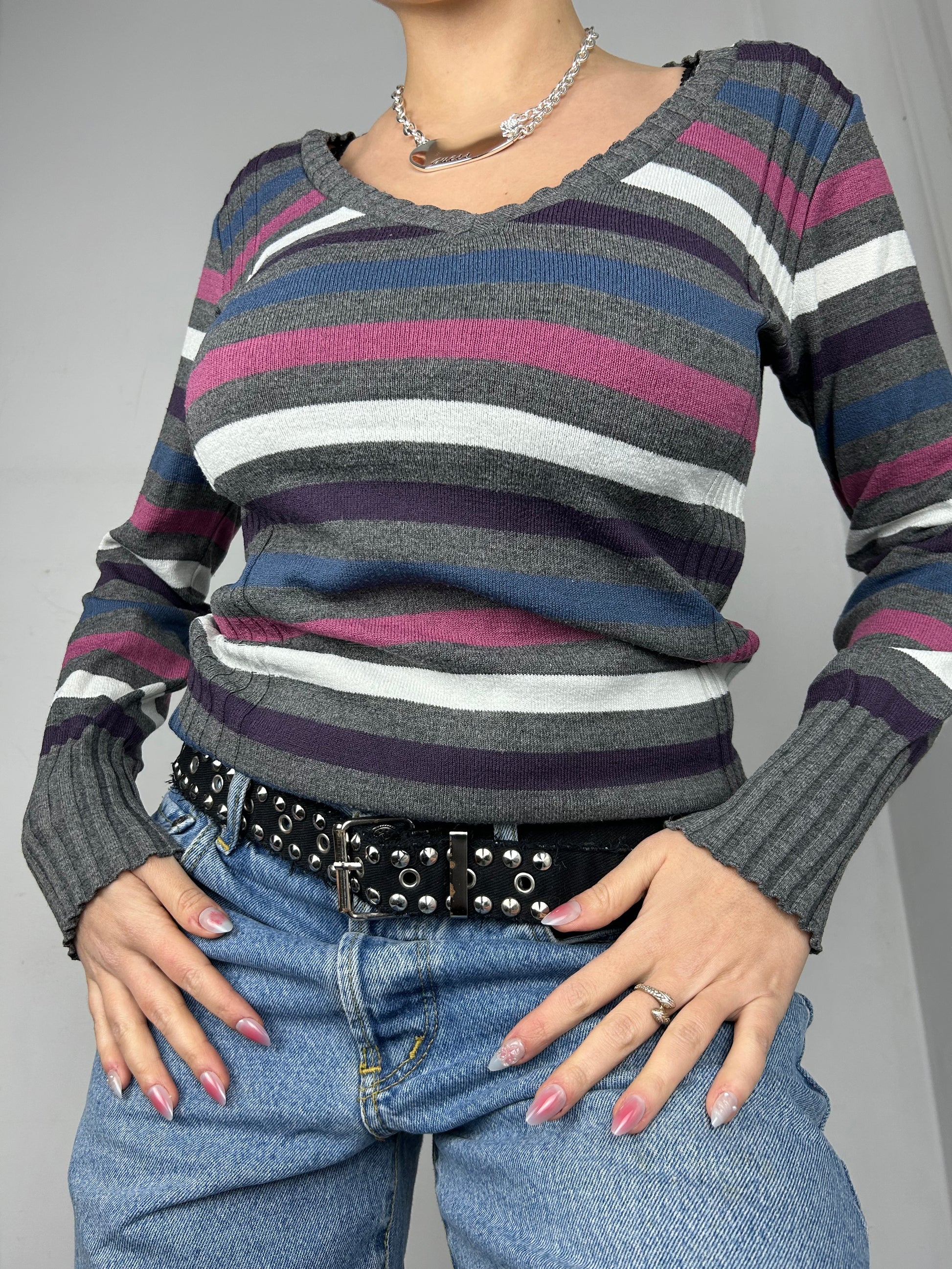 Grey striped V neck jumper (S/M)