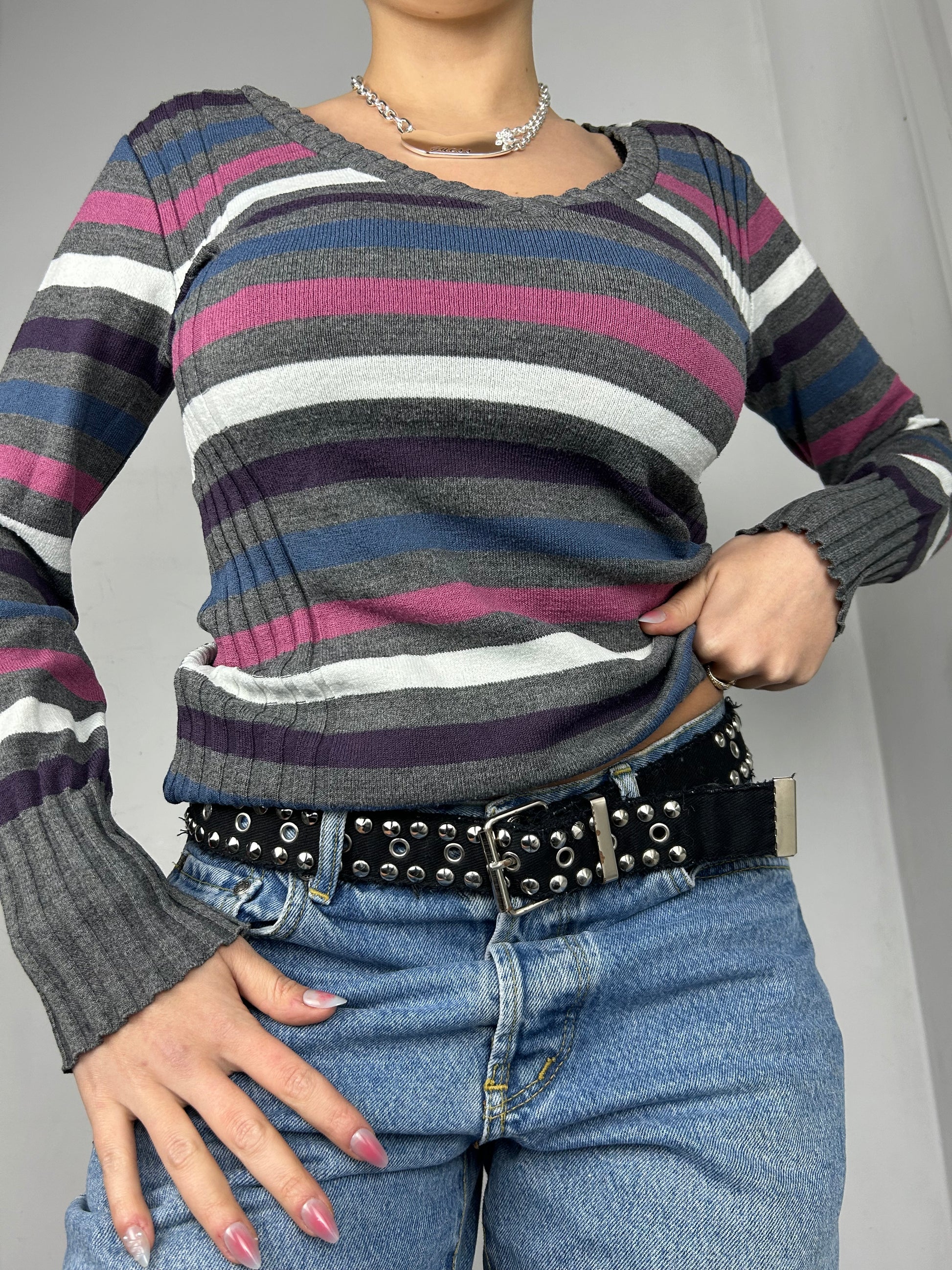 Grey striped V neck jumper (S/M)