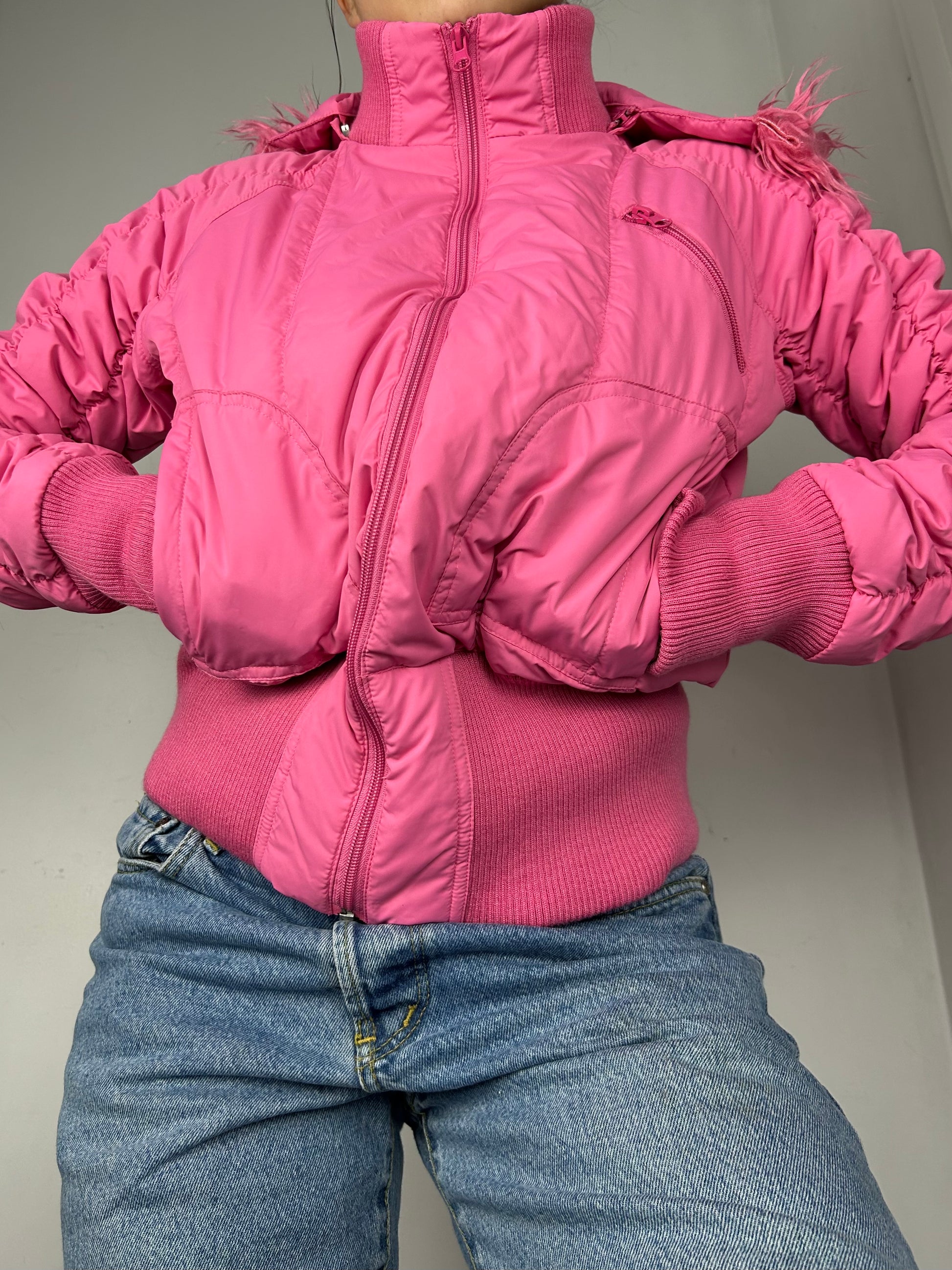 Pink zip up faux fur puffer jacket (S/M)