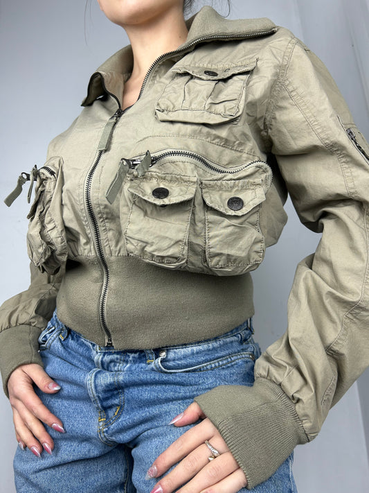 Khaki zip up utility biker jacket (M)