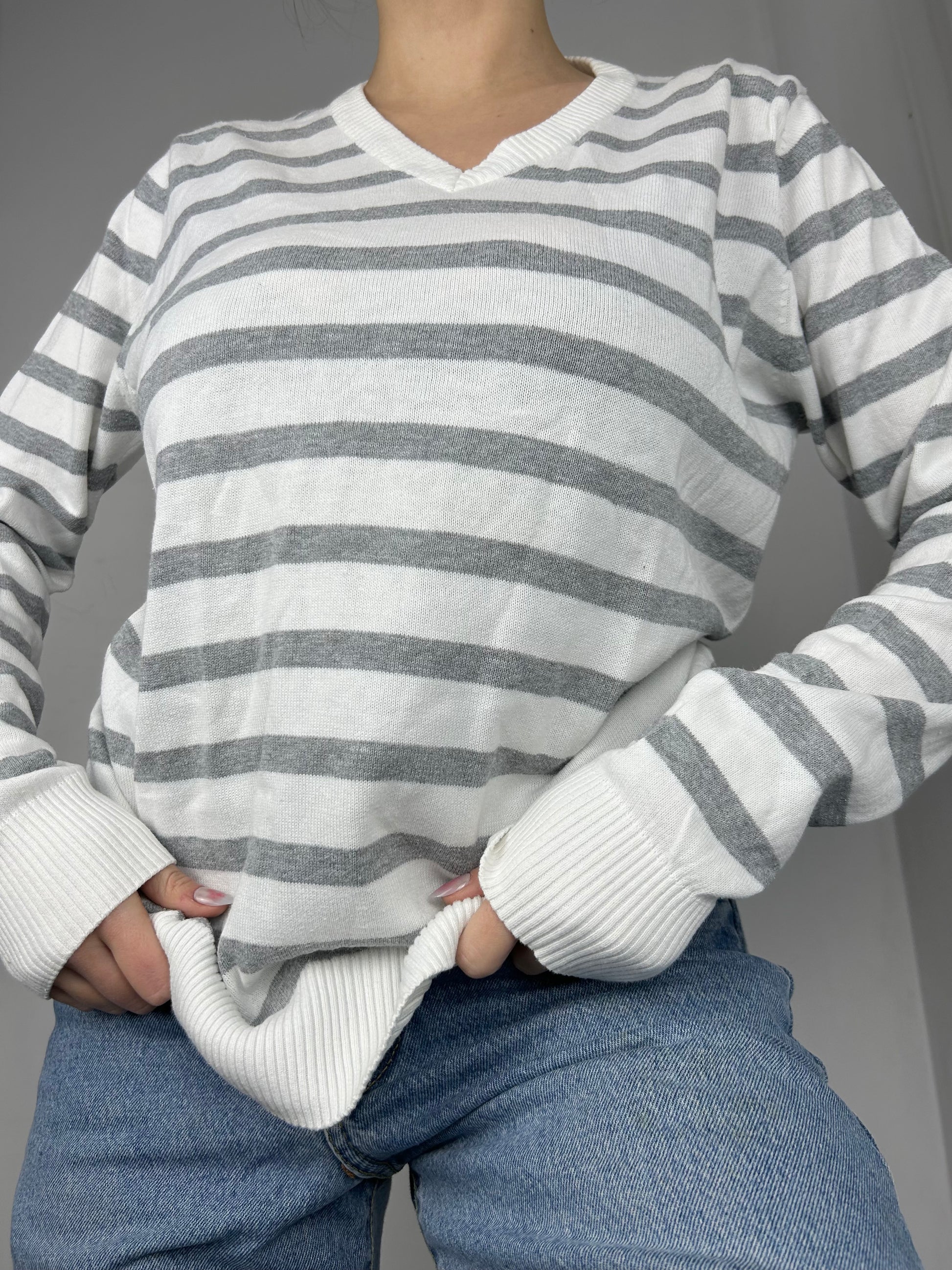 White & grey striped super soft V neck jumper (S/M)