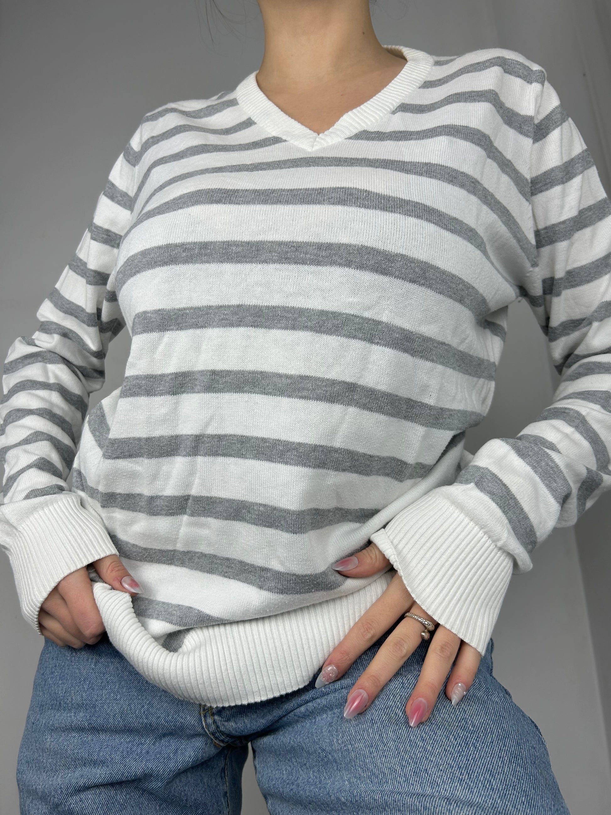 White & grey striped super soft V neck jumper (S/M)