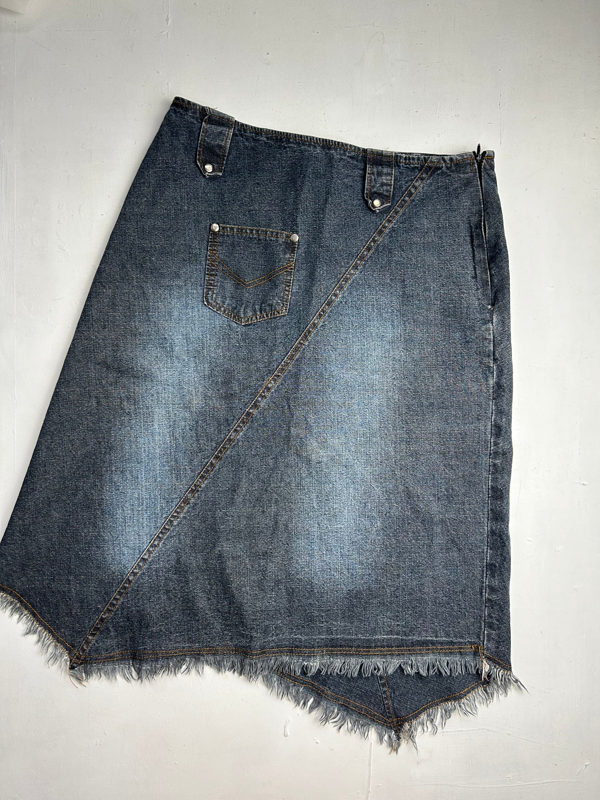 Denim blue navy low rise asymmetric mid skirt (S)