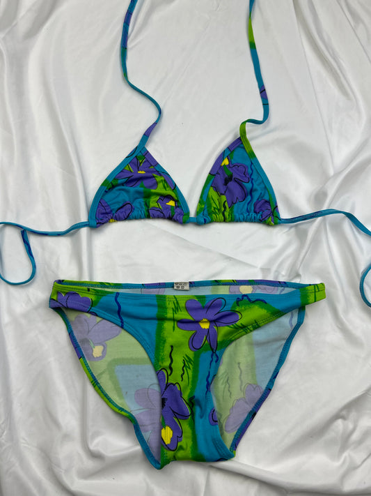 Blue low waist floral print bikini set (M)