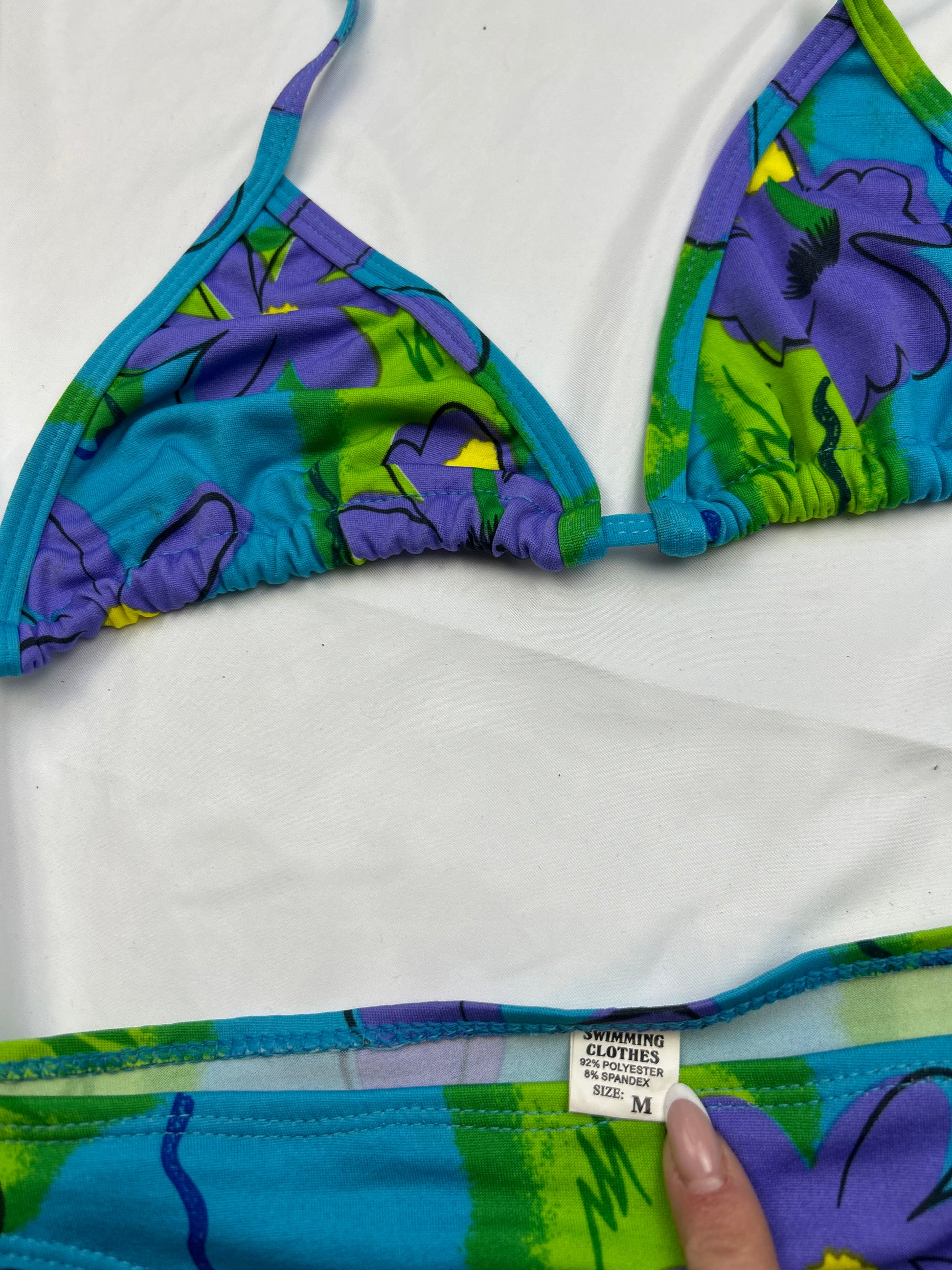 Blue low waist floral print bikini set (M)