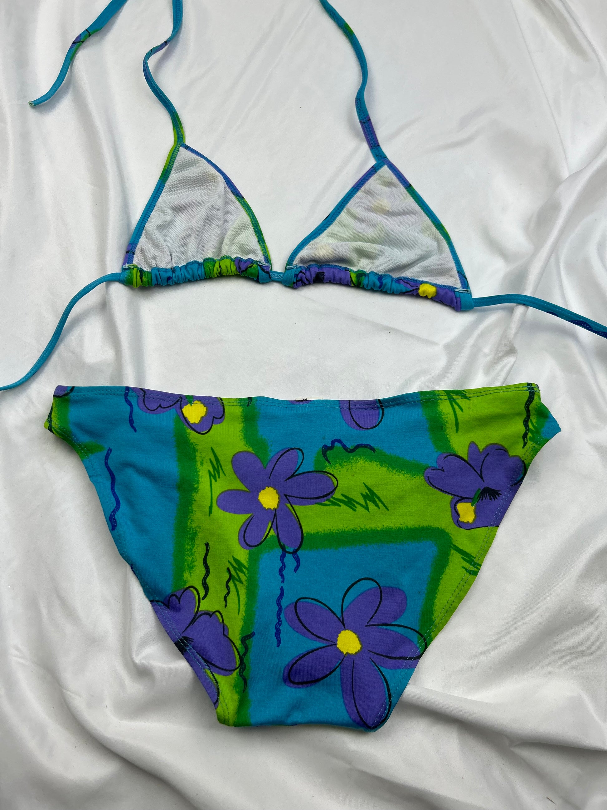 Blue low waist floral print bikini set (M)