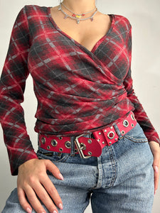 Red check grunge y2k vintage wrapped long sleeves top (M)