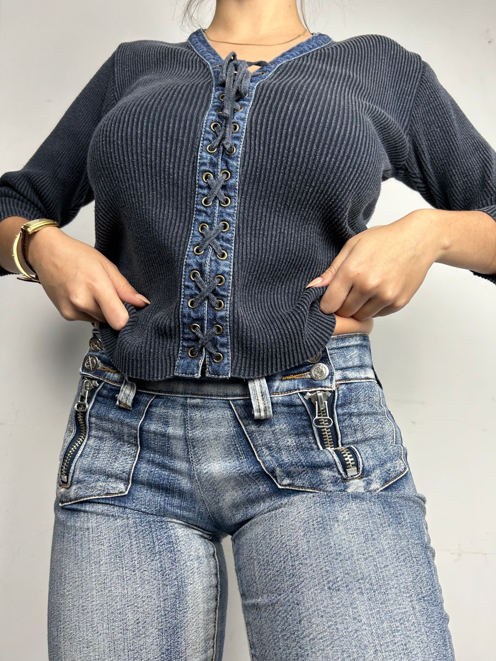 Navy bi fabric denim lace up jumper (S/M)