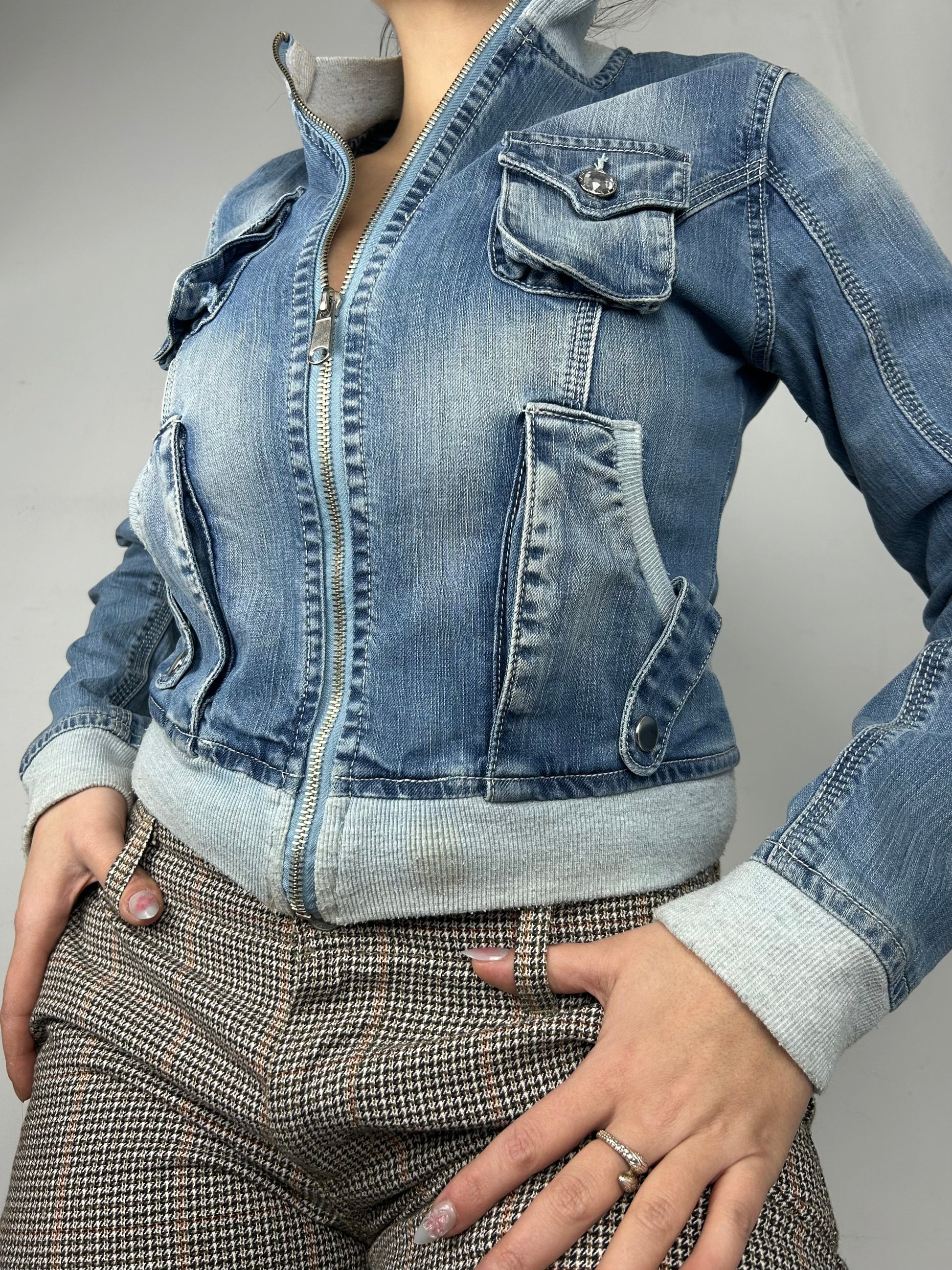 Blue denim zip up biker jacket (S)