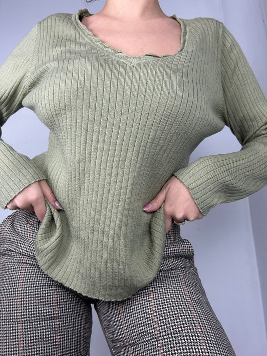 Khaki V neck ribbed jumper (M/L)