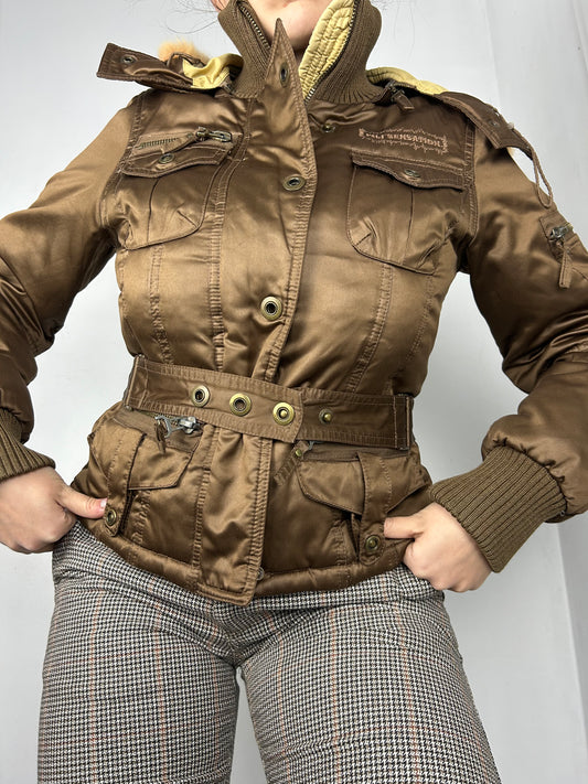 Brown duck down winter puffer jacket with belt (S)