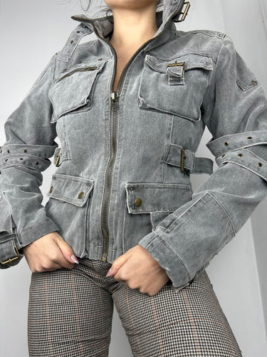 grey denim zip up belt biker jacket (S/M)