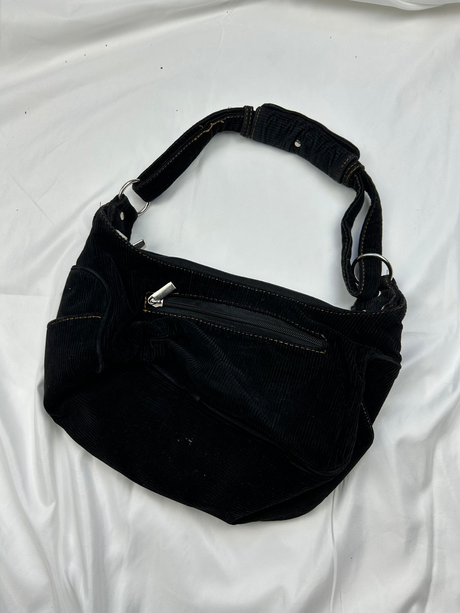 Black lace up velvet ribbed shoulder bag