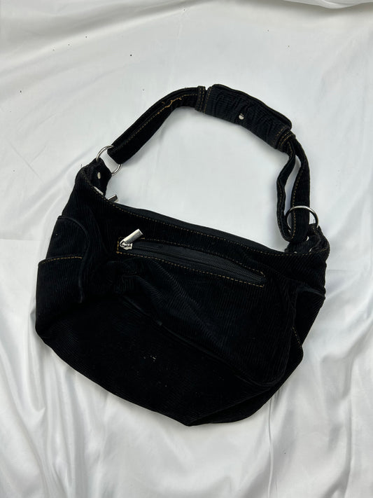 Black lace up velvet ribbed shoulder bag