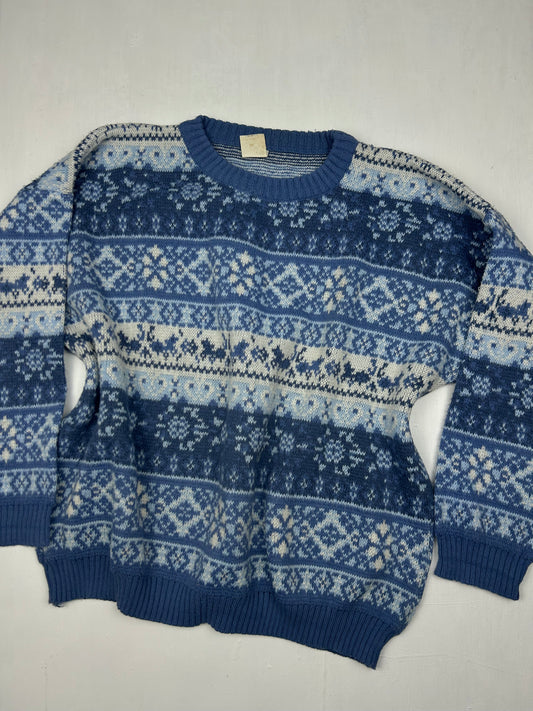 Blue round neck graphic print jumper (S/M)