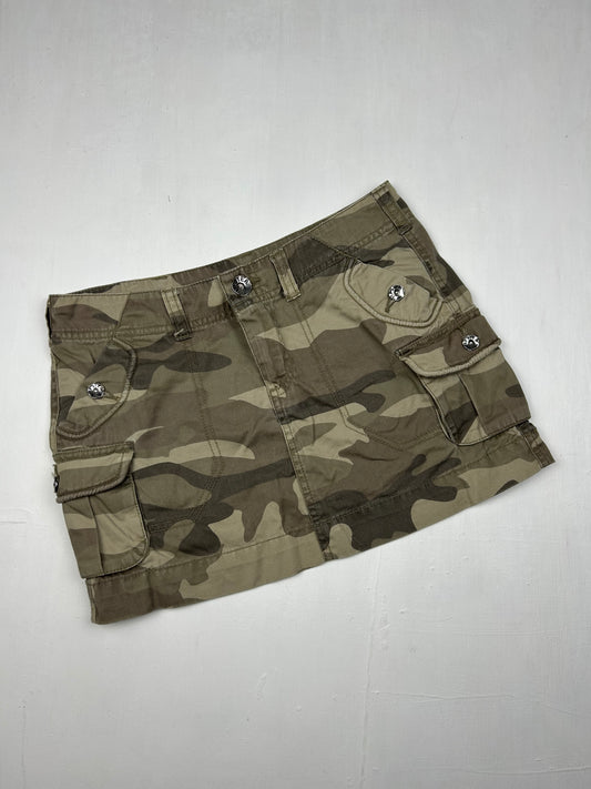 Khaki camo denim low rise mini skirt (S)