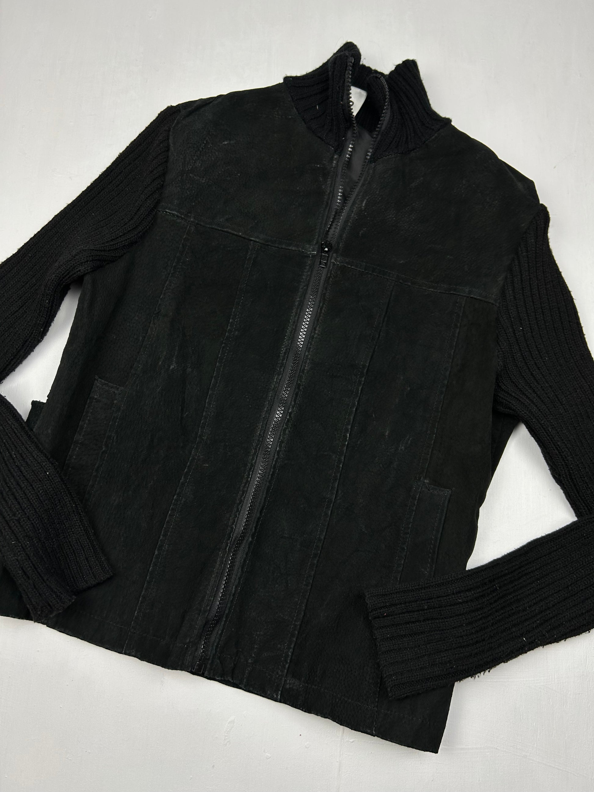 Black 100% real leather suede zip up biker jacket (S/M)