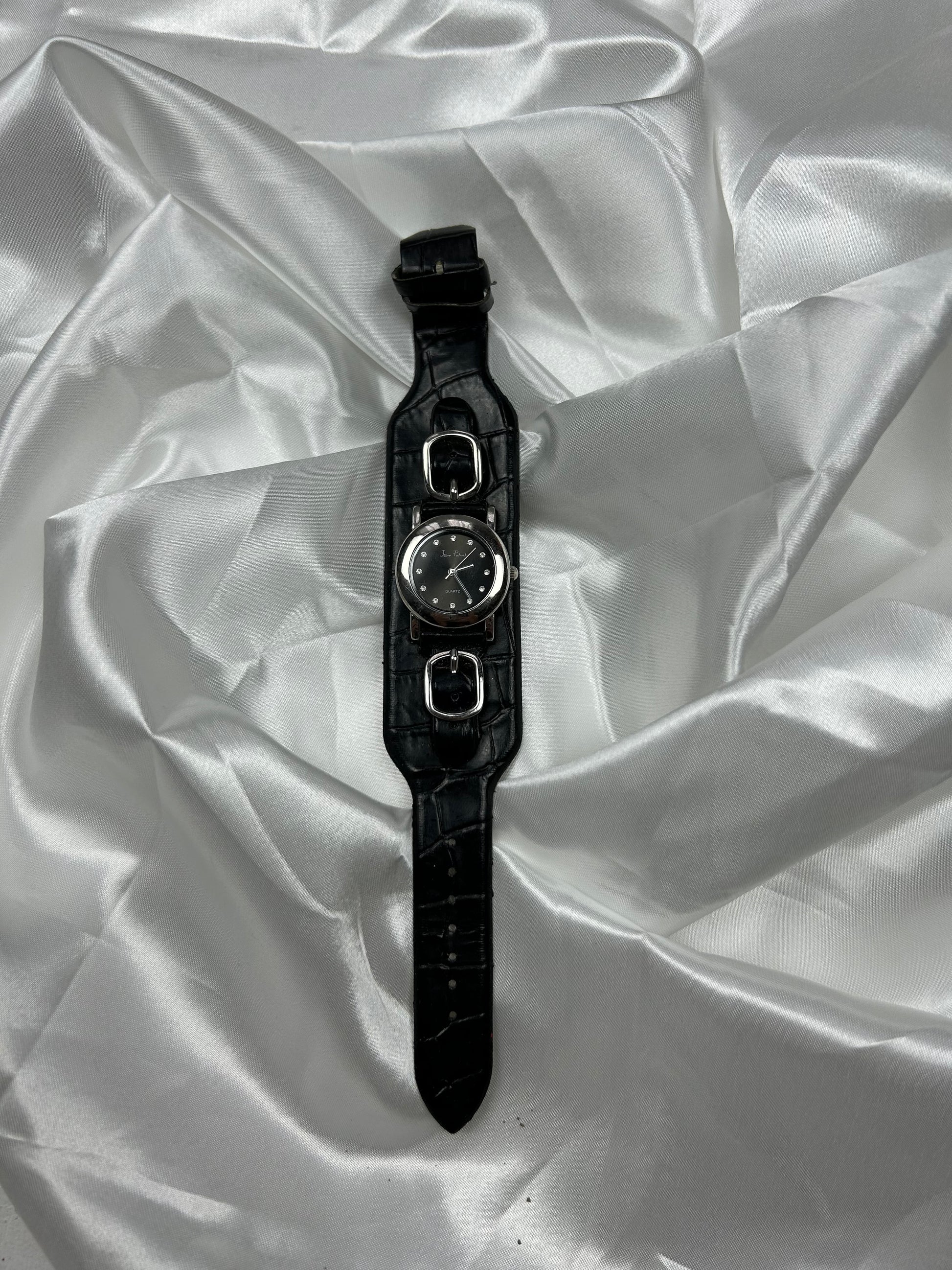 Vintage leather black & silver inox bracelet watch jewelry