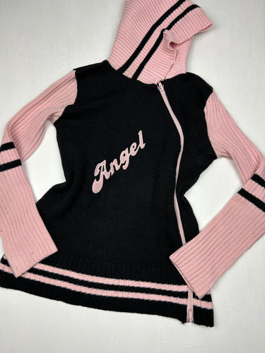 Baby pink & black asymmetric zip up hoodie jumper (S/M)